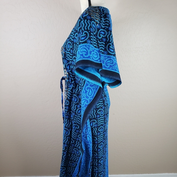J. Gee Blue Paisley Gold Leopard Print Tie Waist Casual Comfort Maxi Dress - Picture 4 of 10